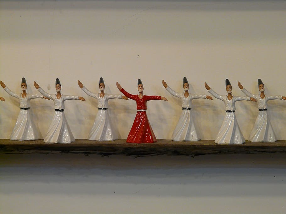 several, woman character figurines, dervishes, figures, ceramic, decoration, dance, red, white, wedding