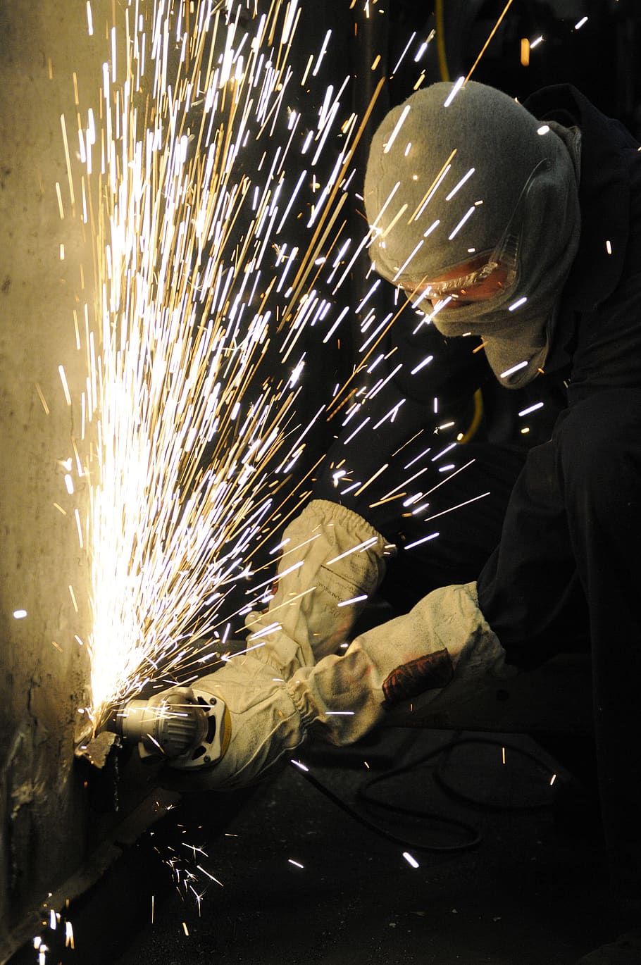 grinding, maintenance, labor, work, worker, machine, job, sparks, mask, technician