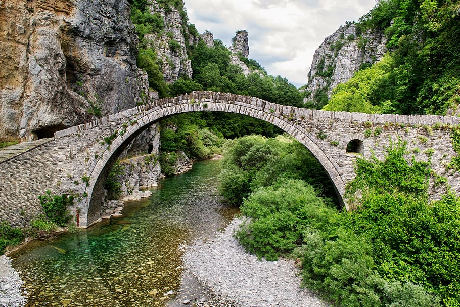 arch bridge, surrounded, trees, beautiful landscape, bridge, greece, ioannina, stone, nature, landscape