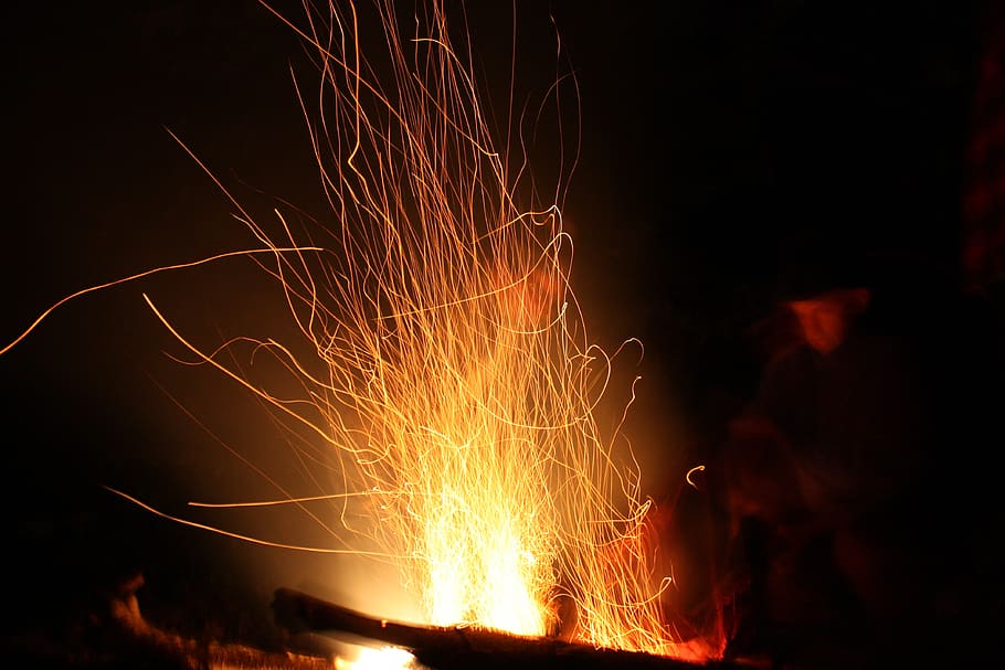 flame, hot, sparks, night, blazing, fiery, campfire, camping, crackling, motion
