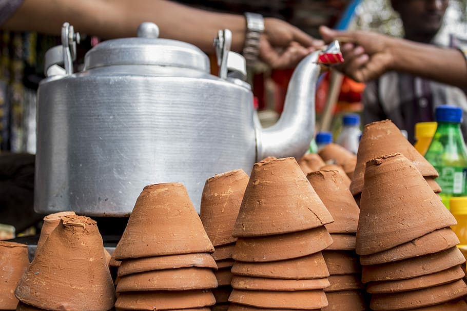 お茶, 茶屋, インド, 屋台, 食べ物, 市場, 伝統的, アジア, バザール, 泥カップ