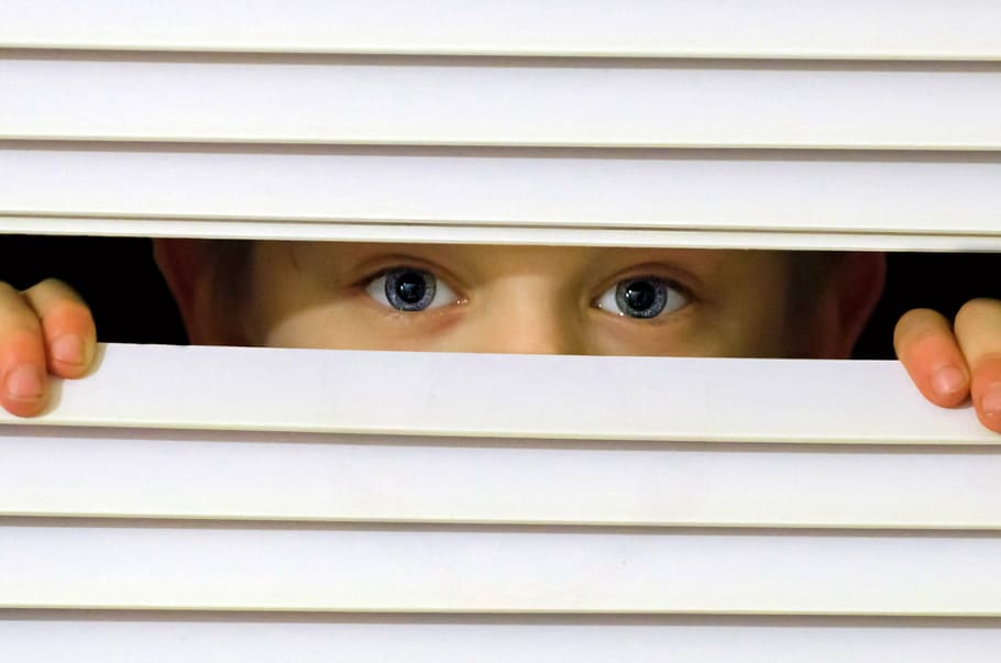 boy, peeking, white, window blinds, people, eyes, look, see, observe, child