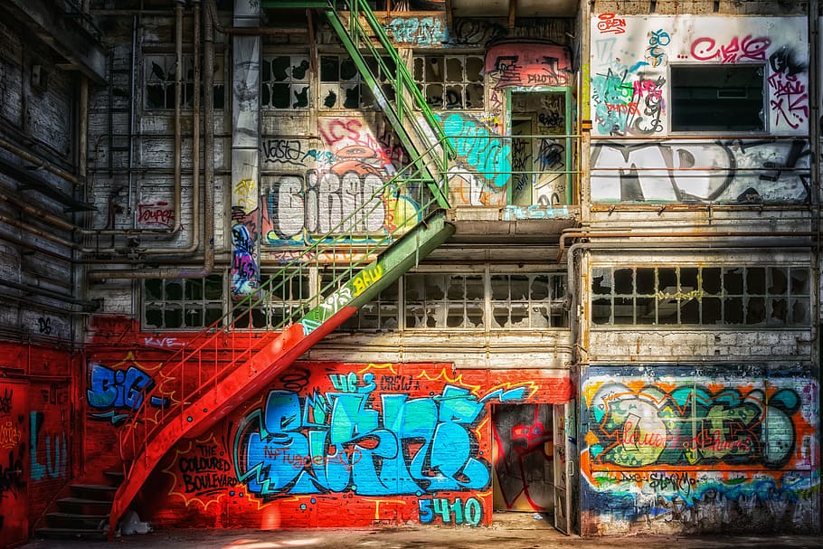 multicolored, graffiti painting building, lost places, wall, graffiti, pforphoto, building, decay, factory, destroyed