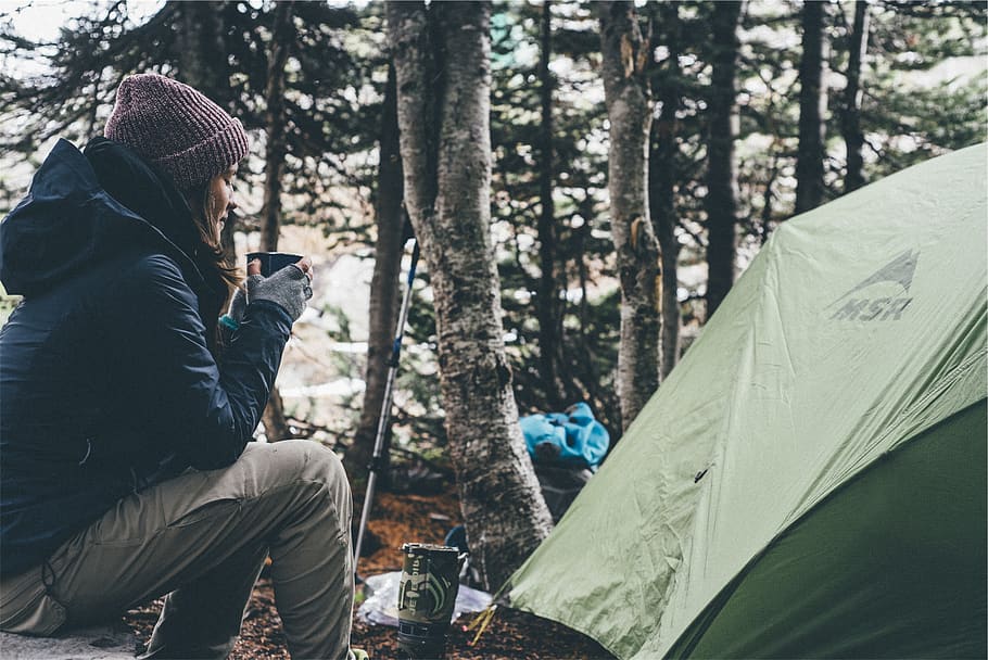 camping, tent, nature, girl, woman, people, jacket, hood, pants, hat