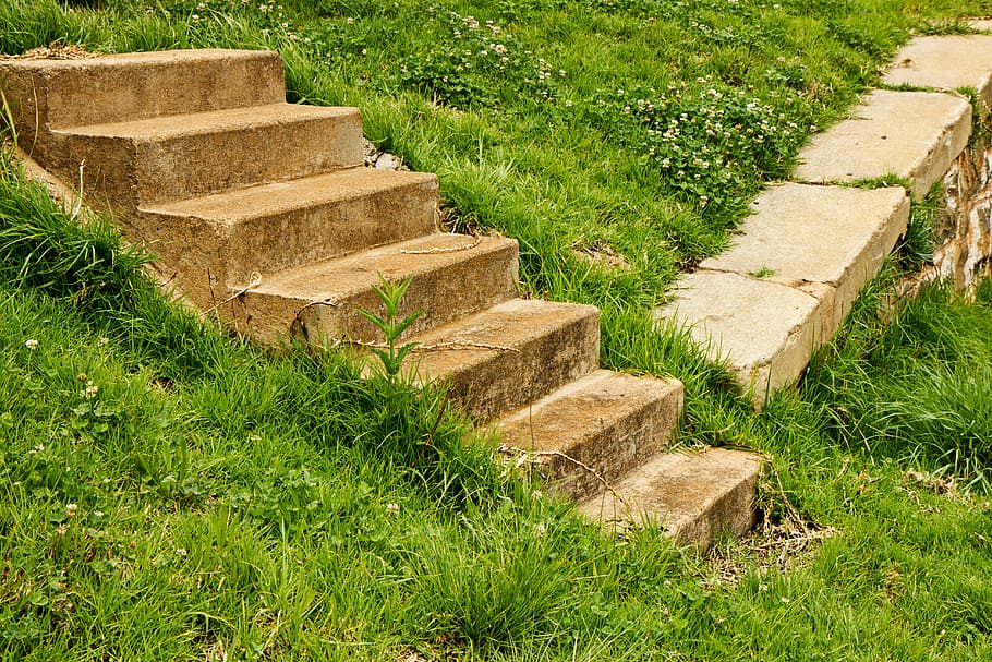 concrete, stairs, green, grass field, way, path, dilemma, decision, choice, uncertain