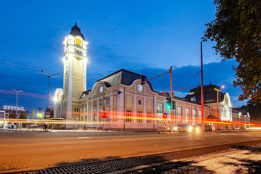 burgas, train station, bulgaria, landscape, night photography, building exterior, architecture, illuminated, built structure, city