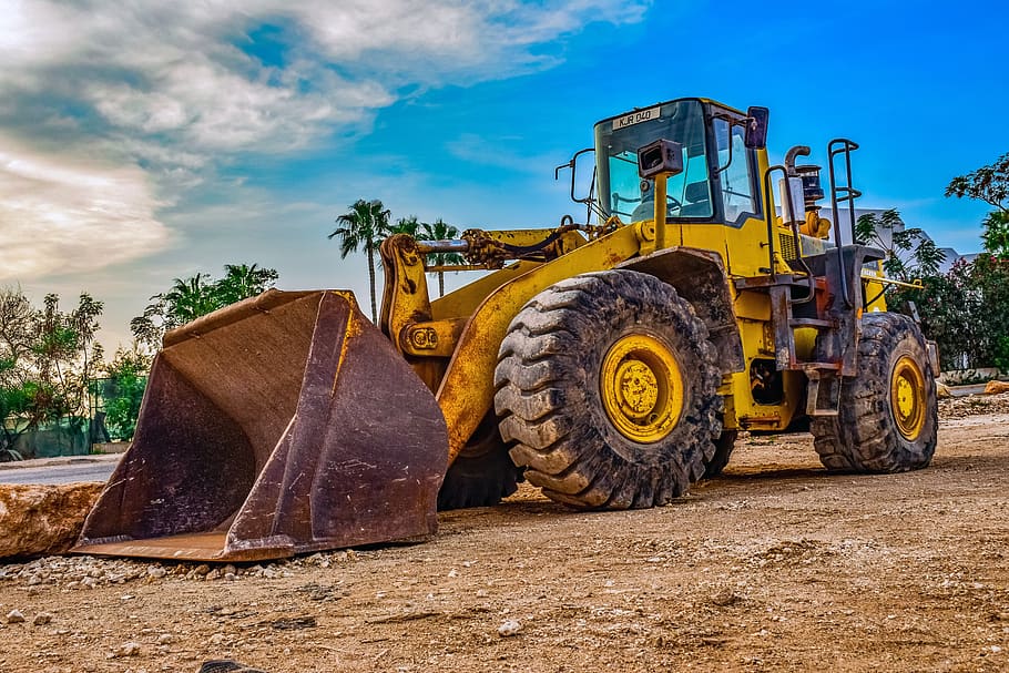 bulldozer, heavy machine, yellow, construction, machinery, equipment, vehicle, loader, bucket, sky