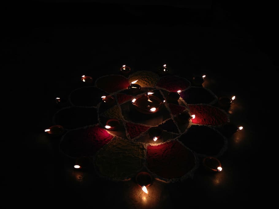 lighted, candles, black, floor surface, hindu, lights, festival, religion, traditional, hinduism