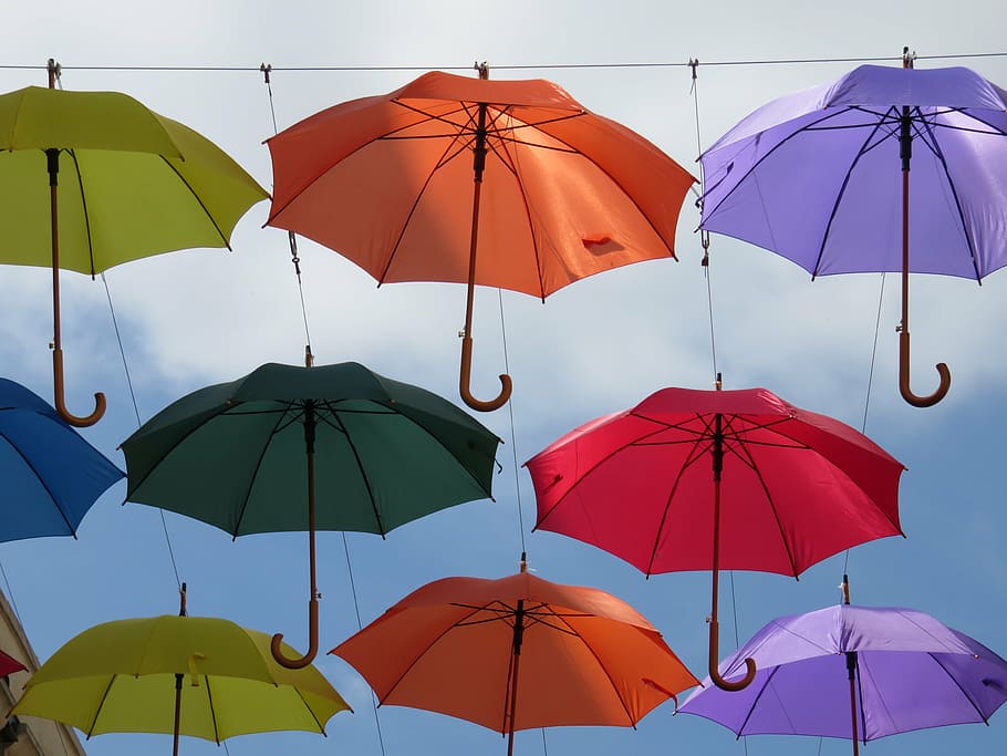 umbrellas, sky, colourful, colorful, colour, color, parasol, summer, umbrella, protection