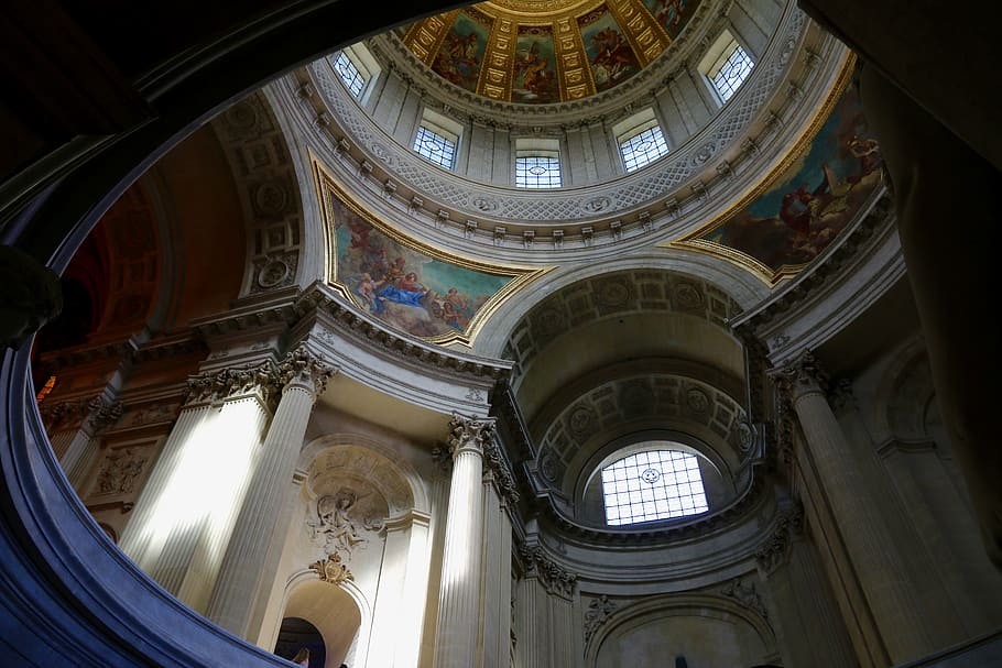 Pantheon, Paris, Napoleon, arsitektur, di dalam ruangan, tidak ada orang, tampilan sudut rendah, tujuan perjalanan, struktur buatan, struktur yang dibangun