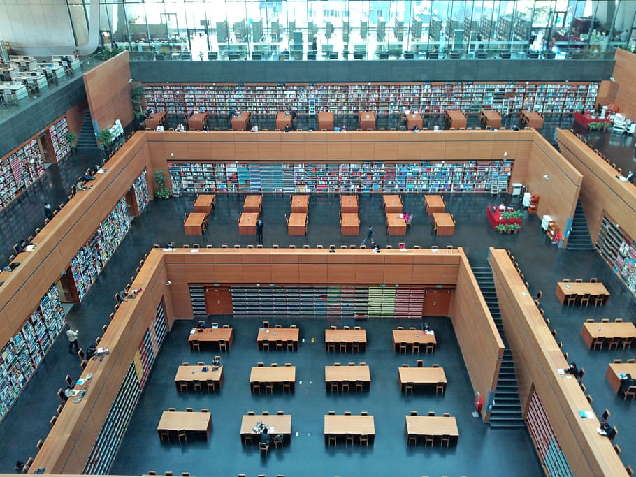 Beijing, National Library, the national library, library, building, book, reading, industry, high angle view, indoors