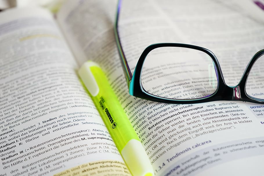 eyeglasses, black, frame, glasses, read, learn, book, text, highlighter, pen