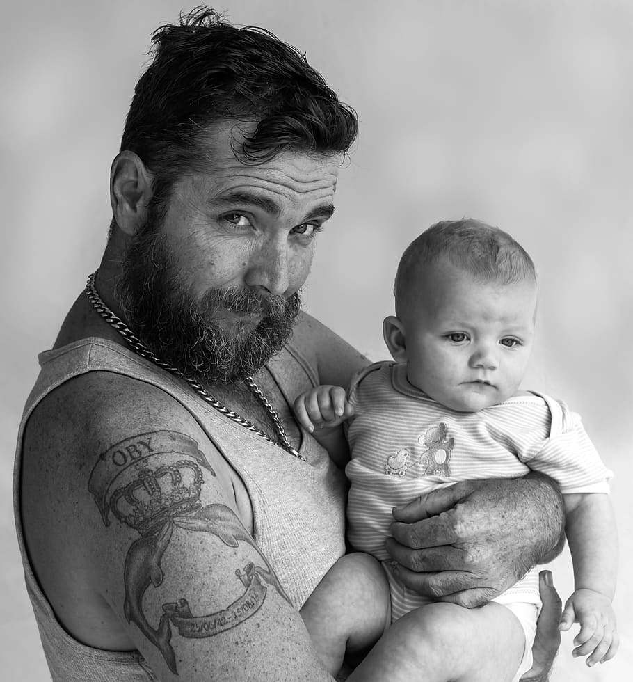 man, father, son, queensland australia, black and white image, males, men, baby, young, portrait