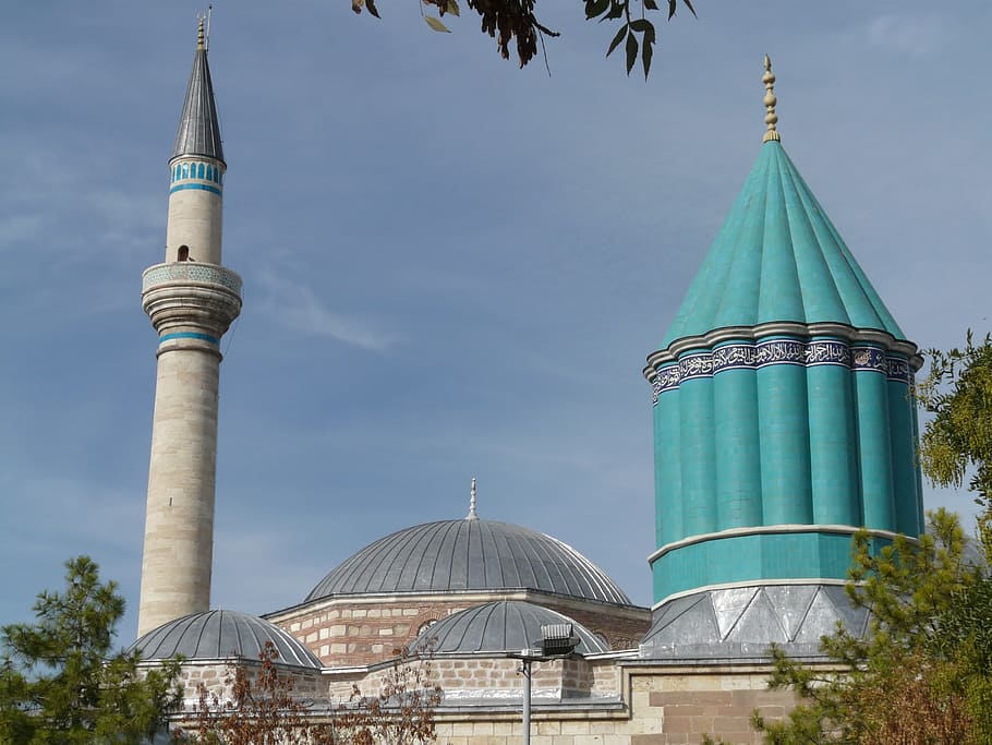 teal, white, concrete, building, mosque, konya, mausoleum, mevlana, jalal ad din rumi, museum