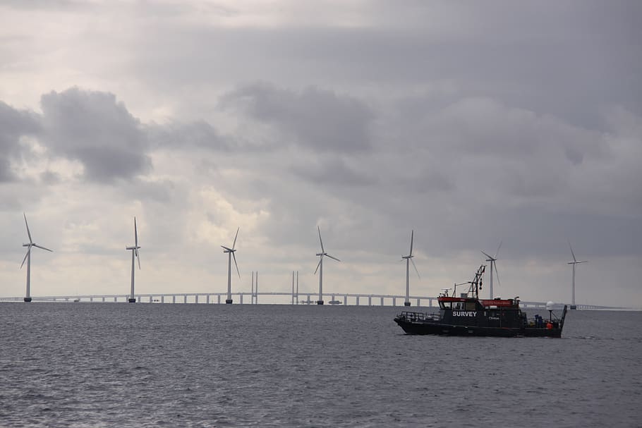 the sound, sea, water, offshore wind turbines, clouds, sky, natural, denmark, boat, silhouette