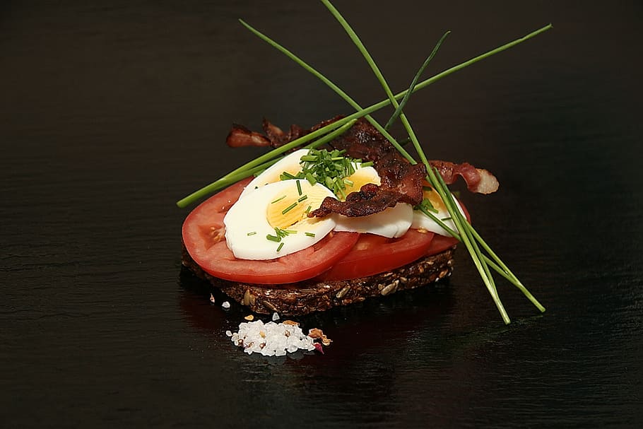 open-faced sandwiches, rye bread, eggs, dining, taste, food, chives, tomato, salt, lunch