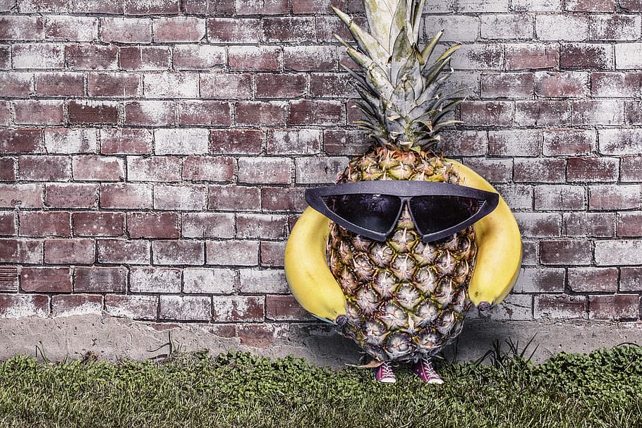 pineapple, wearing, sunglasses, standing, wall, whimsical, lazy, monster, glasses, banana