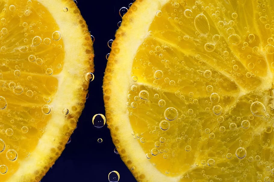 fotografía macro, dos, rodajas de limón, jugo, fruta, saludable, cítricos, bendición, naranja, rodajas de naranja