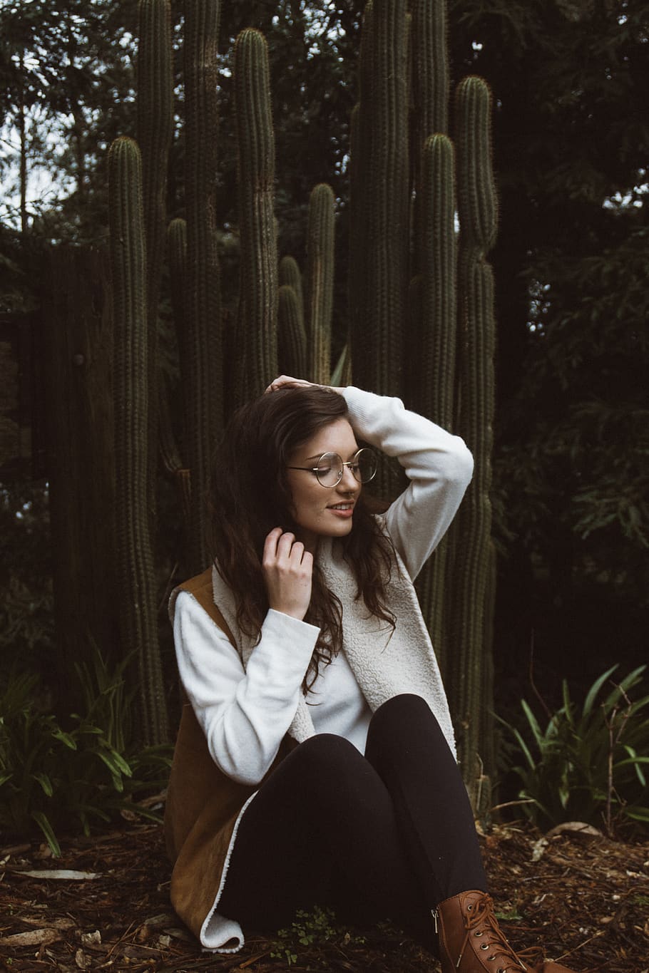 people, woman, fashion, beauty, eyeglasses, woods, forest, sweater, cactus, boots
