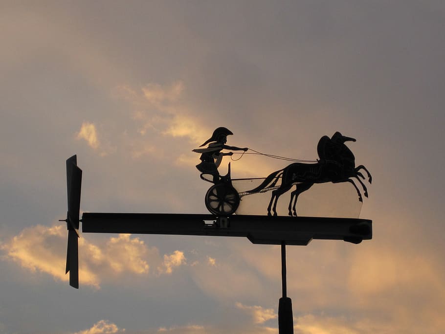 silhouette photography, windmill, whirly-gig, weather vane, spartan and chariot, handwork, horse dran war chariot, sky, clouds, soft sunset glow
