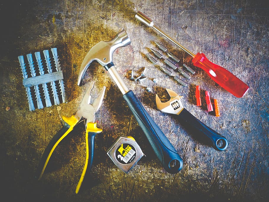 herramientas, martillo, destornillador, mesa, alicates, tornillo, herramienta de trabajo, herramienta de mano, herramienta, metal