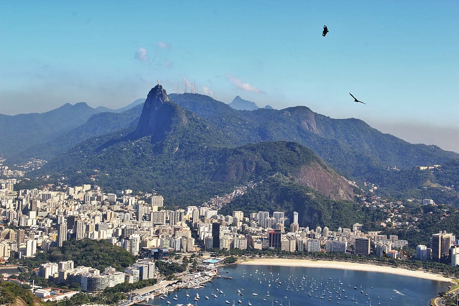 aerial, white, cityscape, green, mountain, blue, sky, daytime, rio de janeiro, views of corcovado