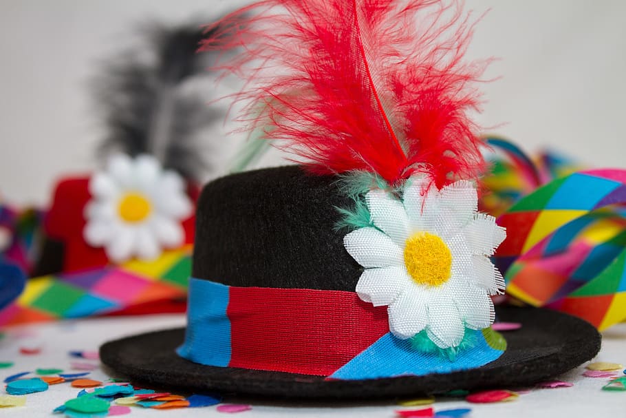 white, black, re, floral, fedora hat, carnival, party, hat, streamer, colorful