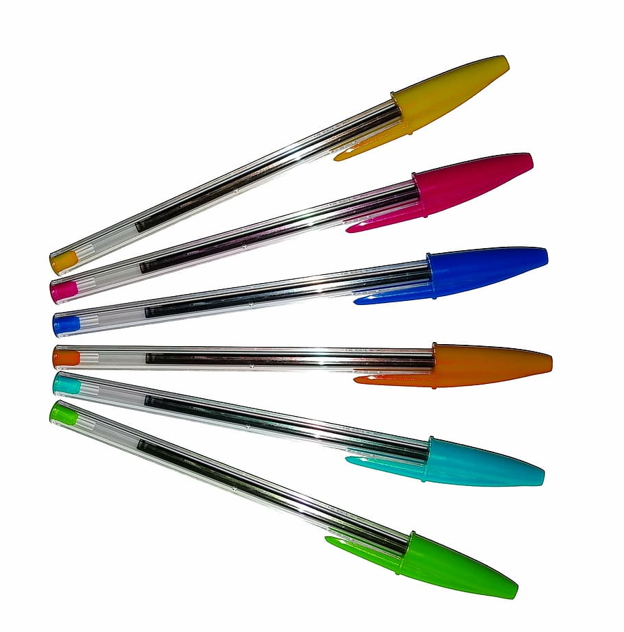 ballpoint pen, pen, colors, white background, studio shot, multi colored, variation, still life, indoors, choice
