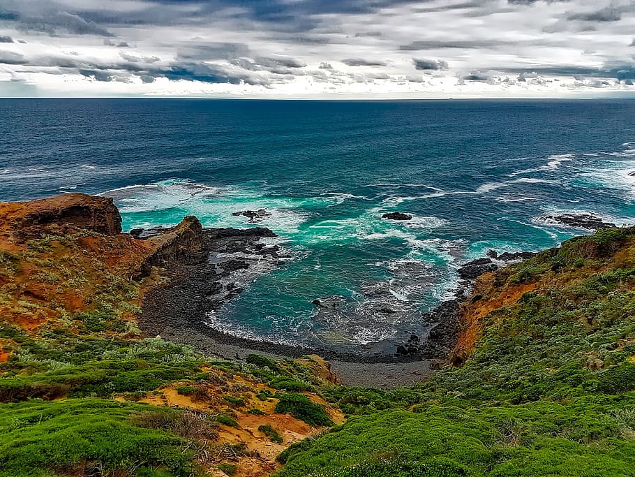 Cape Schanck, Australia, Cove, Sea, ocean, waves, sunset, sky, clouds, cliff