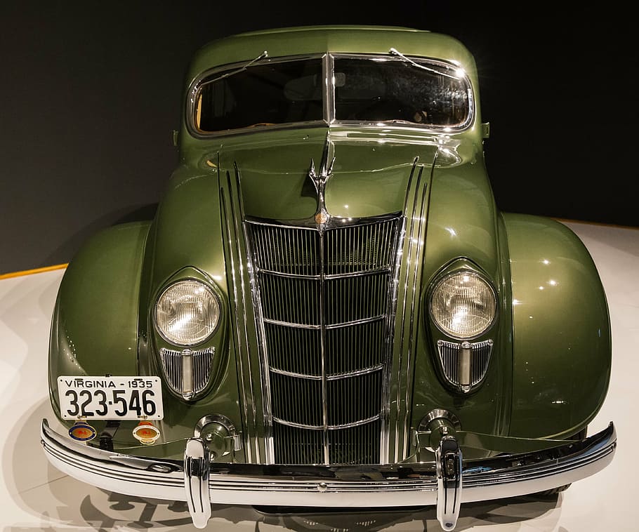 classic, green, car, close-up photography, 1935 chrysler imperial model c-2, airflow, art deco, automobile, luxury, old-fashioned