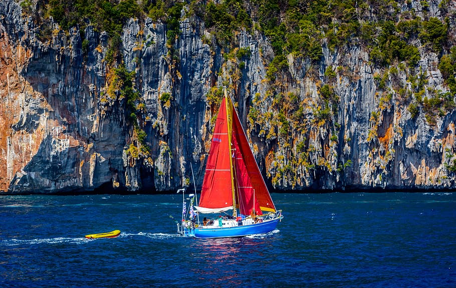 blue, white, sailing boat, cliff, boat, thailand, sea, ocean, water, ocean view