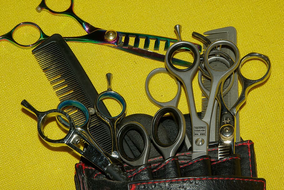 hairdresser, scissors, combs, kit, metal, still life, indoors, variation, choice, yellow