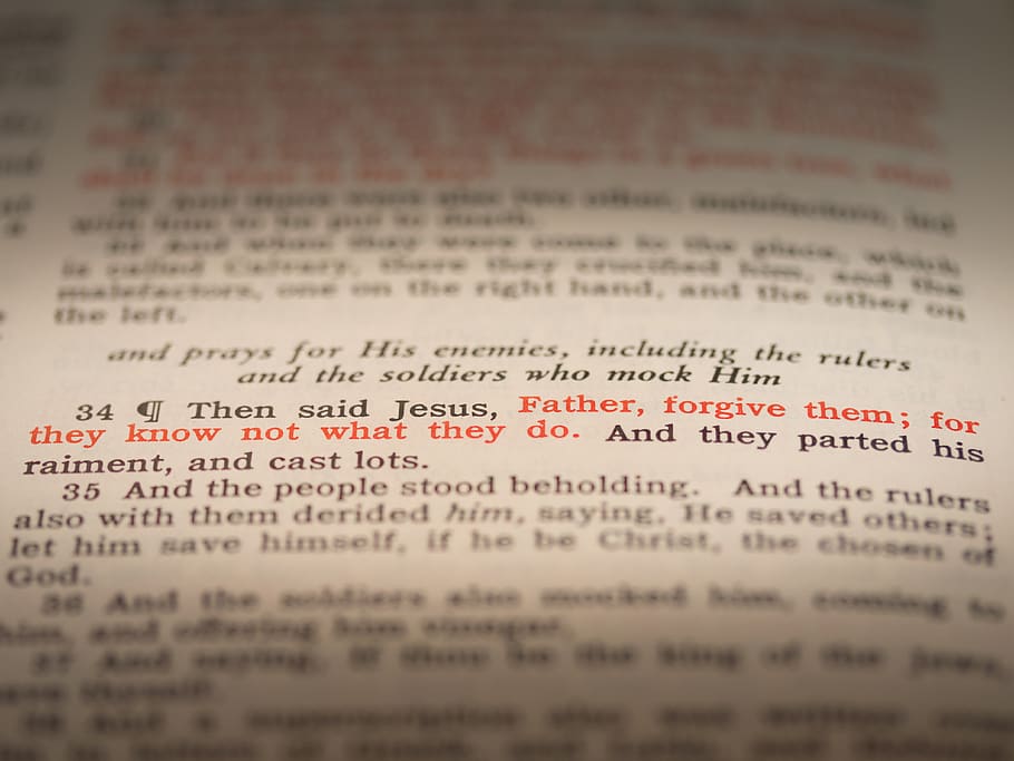 seven last words of christ, first word, luke 23 34, text, communication, selective focus, paper, western script, full frame, page