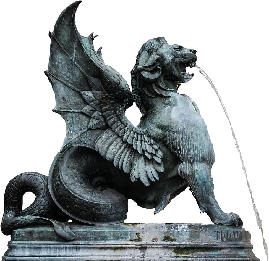 gris, león, estatua de alas, parís, dragón, fuente, figura, agua, estatua, escultura