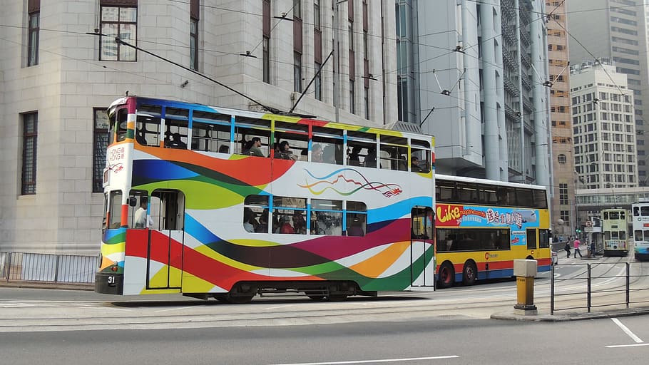 white, red, yellow, double-decker, bus, road, hongkong, train, city, transportation