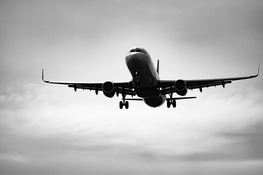 black and white, airplane, aircraft, sky, transportation, flying, trip, clouds, flight, jet