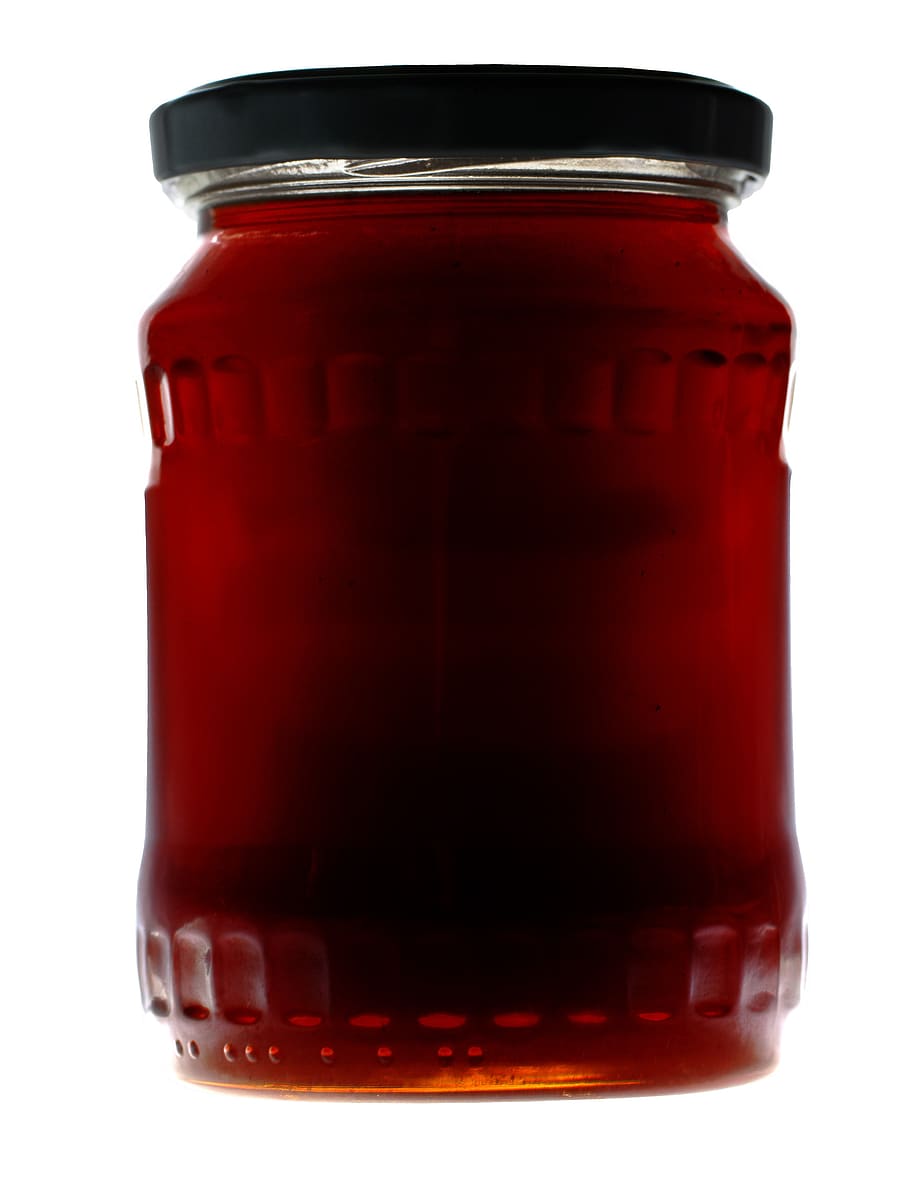 jarra, mel, natural, saudável, vidro, orgânico, cortar, fundo branco, vermelho, recipiente