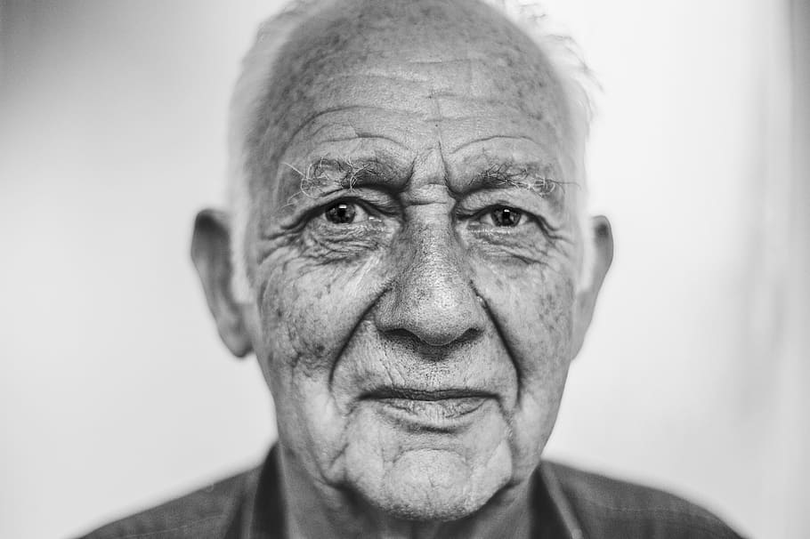 closeup, fotografia, homem, rosto, escala de cinza, foto, velho, sênior, mais velho, intemperizado