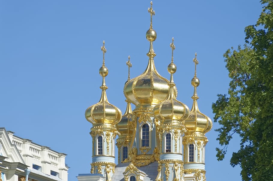 サンクトペテルブルク, キャサリンの宮殿, 建築, 黄金のドーム, 教会, 宗教, 空, 建物の外観, 構築された構造, 信念
