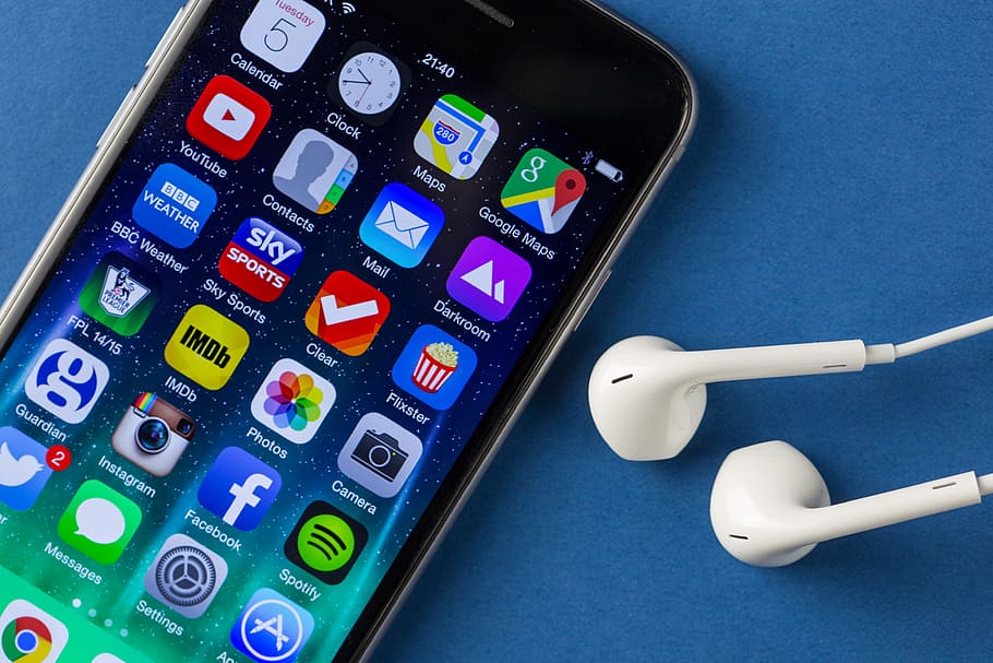 móvel, smartphone, fones de ouvido, planície, azul, plano de fundo, Close-up, iPhone 6, em uma planície, tecnologia