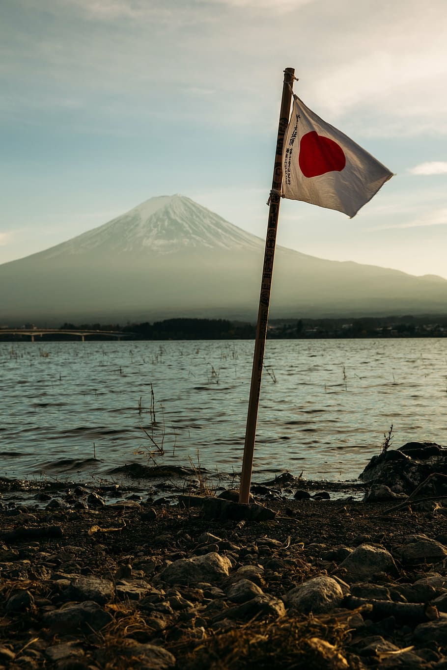bandera de japón, orilla del mar, foto, monte, fuji, mar, océano, agua, naturaleza, costa