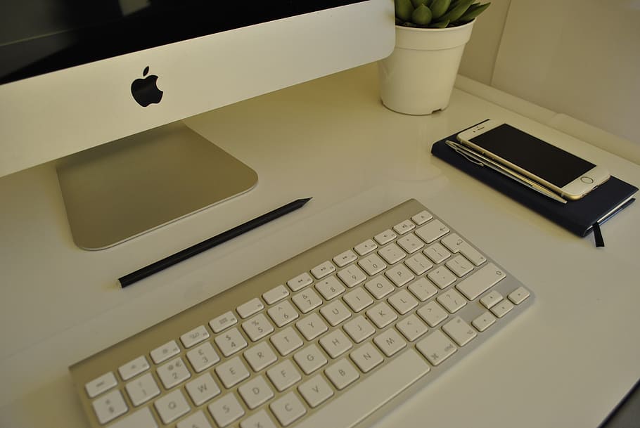 imac, desk, white, keyboard, table, computer, office, desktop, modern, technology
