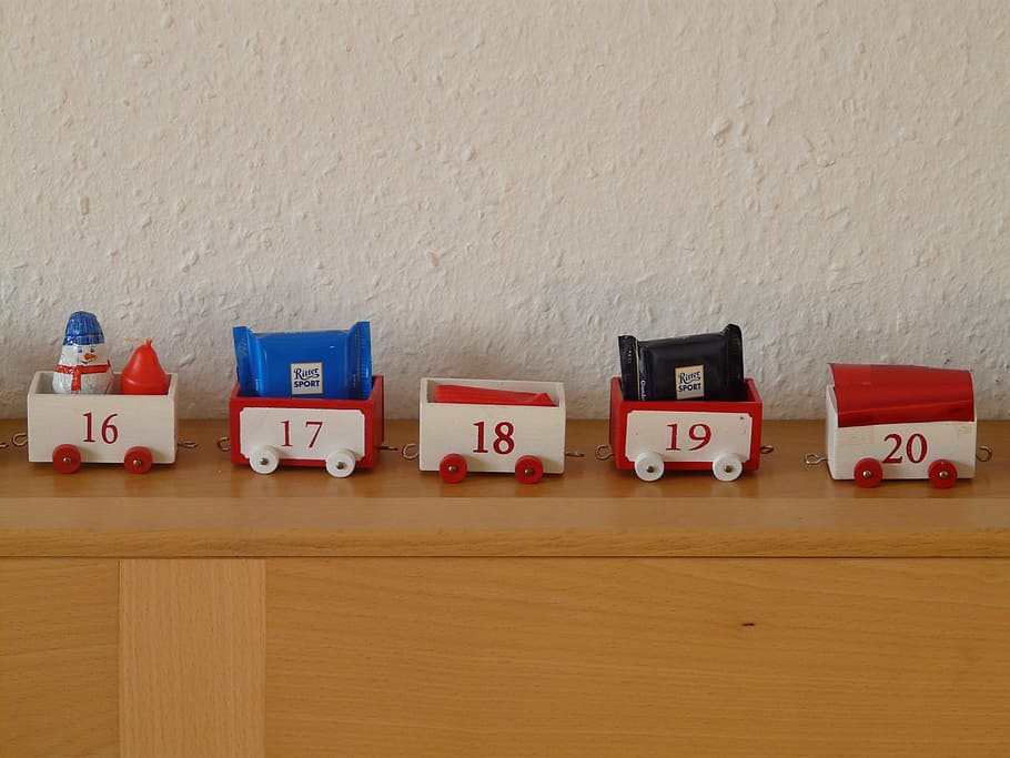Advent Calendar, Train, Gifts, nicholas, wagons, packed, surprise, advent, wooden train, indoors