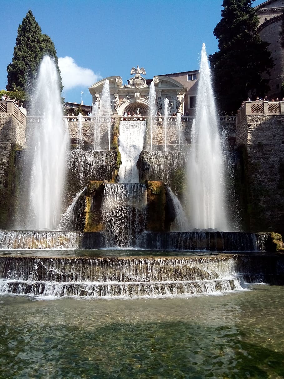 villa d'este a tivoli, lazio, itália, fontane, água, movimento, cachoeira, exposição longa, água corrente, respingos