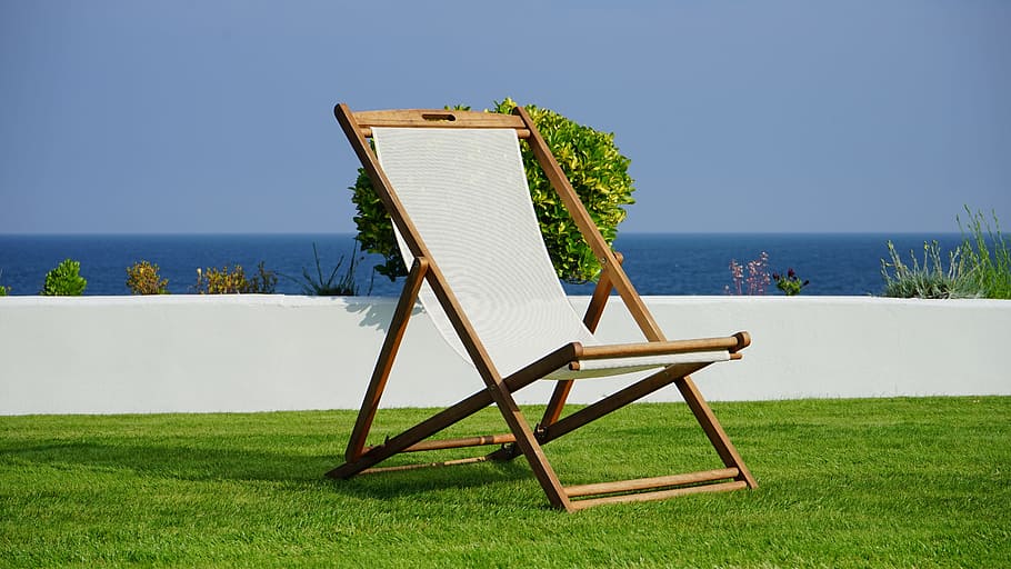 brown, white, outdoor, folding, lounge chair, sunny, sky, deck chair, grass, deck