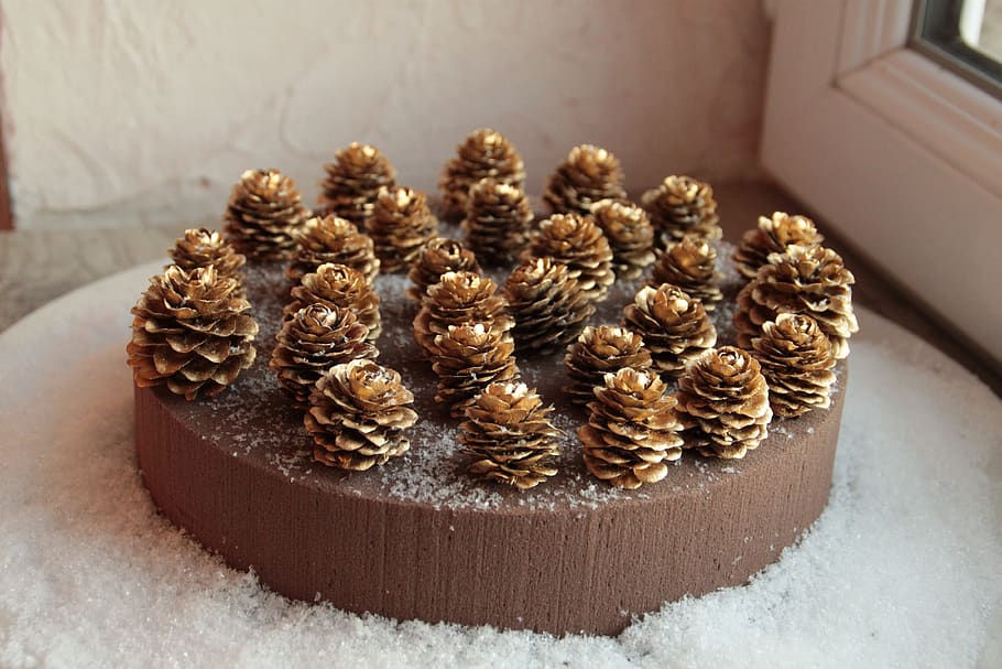 christmas, winter, decoration, festive, snow, decorative, forest, pine cone golden, decor, december