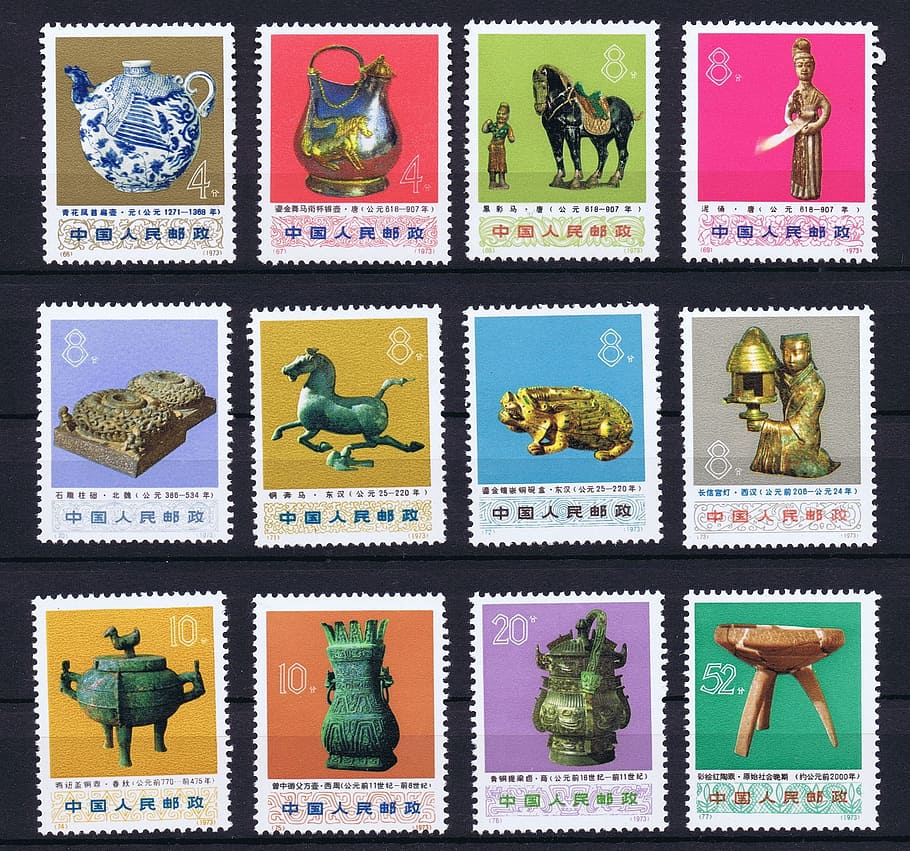 assorted-denomination postage stamp lot, postage stamps, china, post, multi colored, studio shot, indoors, variation, creativity, human representation