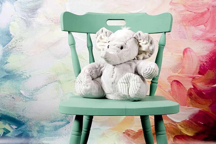 white, elephant, plush, toy, teal, wooden, windsor chair, sitting, the mascot, gray