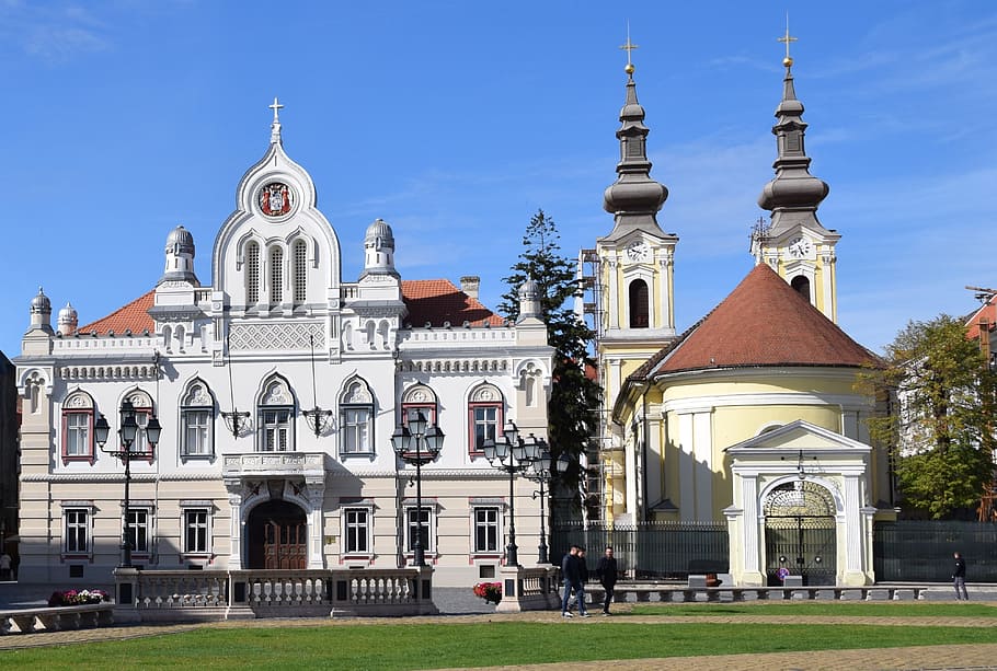 architecture, travel, religion, building, sky, timisoara, cathedral square, romania, building exterior, built structure