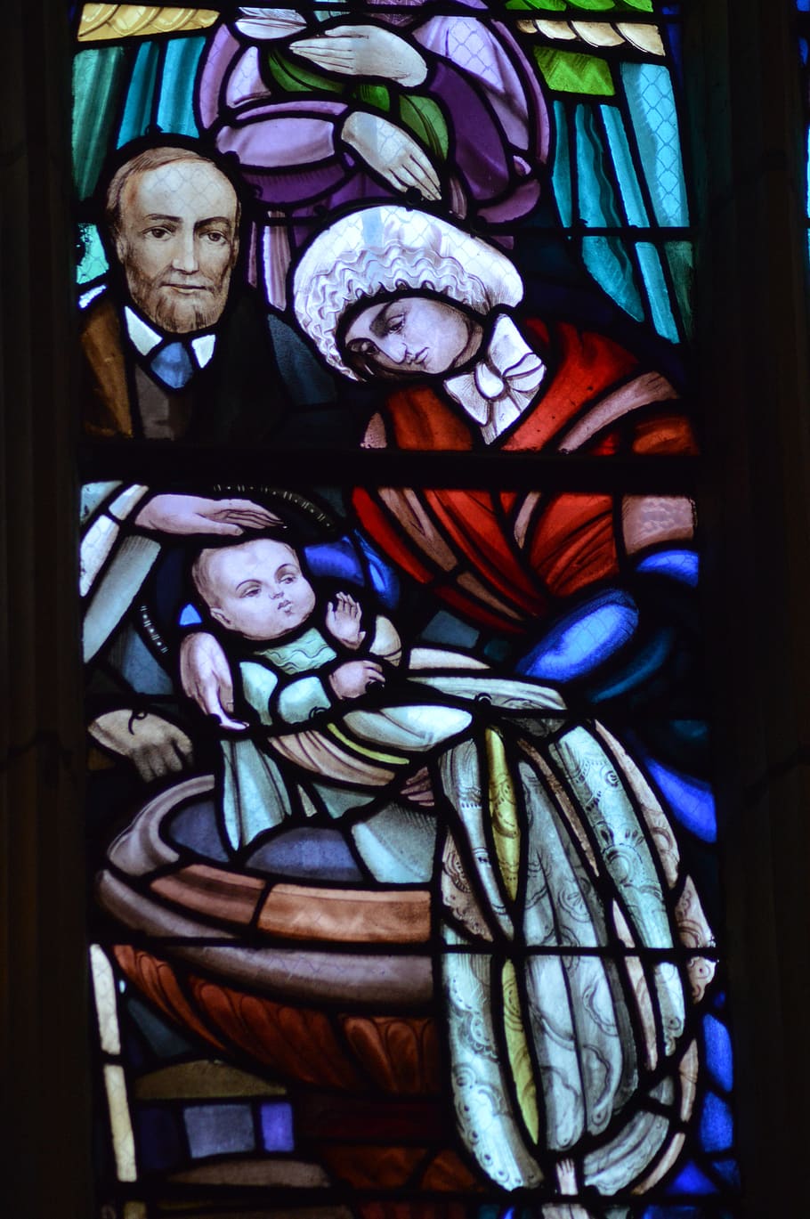 stained glass, window, church, baptism, theresa, baby, dress, parents, louis, zélie